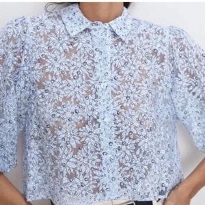 ZARA Organza Button Up Boxy Crop Top Semi Sheer Blue White Floral Large